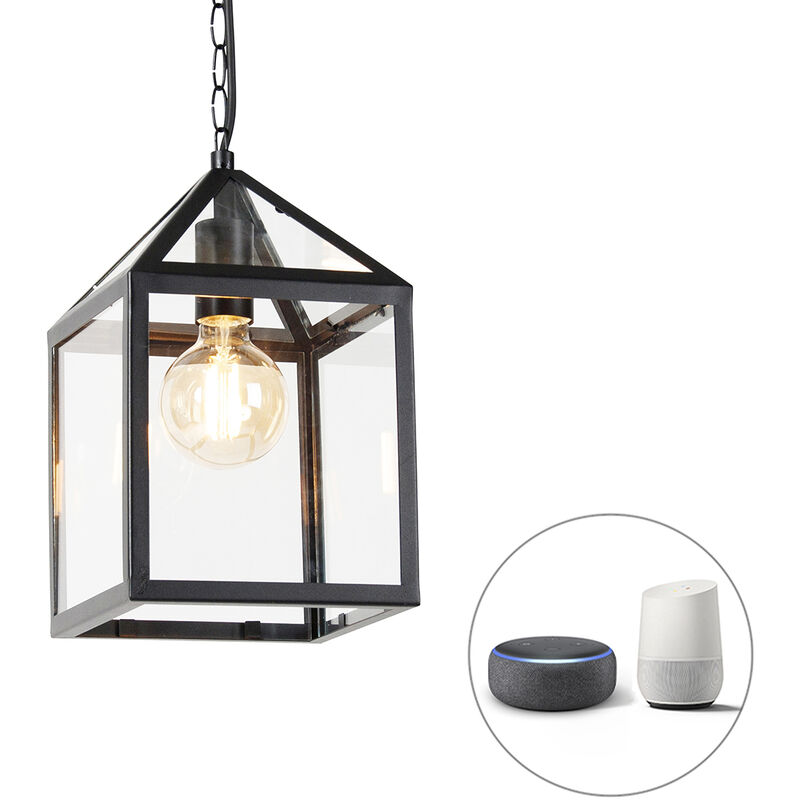 foto del prodotto qazqa lampada a sospensione amsterdam rustico acciaio inossidabile,vetro nero cubo quadrato e27 max. 1 x 4.9 watt