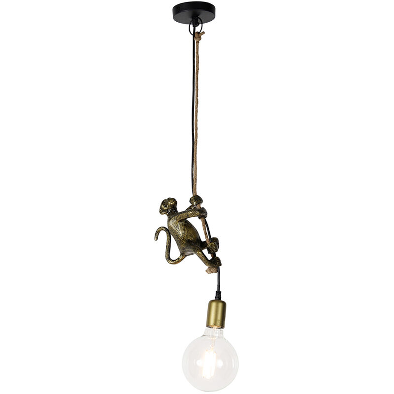 foto del prodotto qazqa lampada a sospensione animal monkey classico alluminio,corda oro ottone nero legno oblungo max. 1 x watt