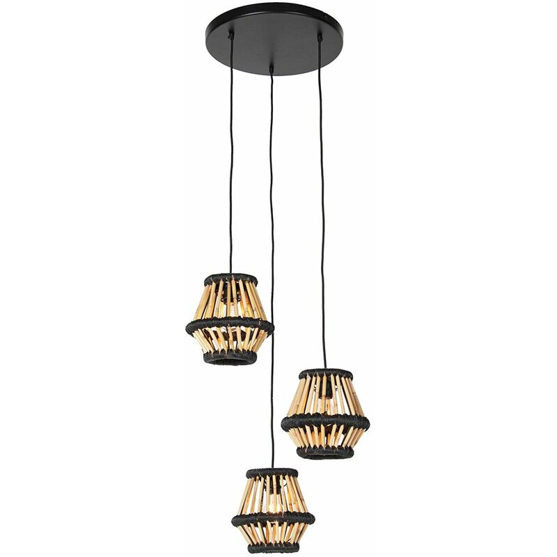 foto del prodotto qazqa lampada a sospensione evalin orientale bamboo,acciaio nero legno tondo max. 3 x watt