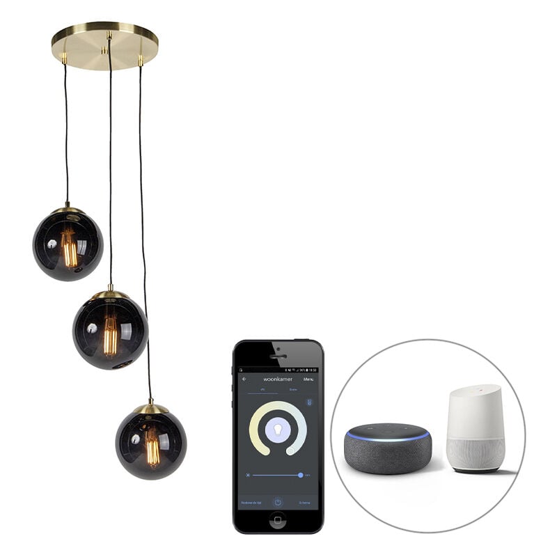foto del prodotto qazqa lampada a sospensione pallon art d co vetro,acciaio nero oro ottone oblungo sfera e27 max. 3 x 7 watt