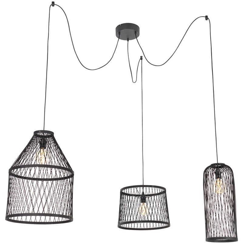 foto del prodotto qazqa lampada a sospensione tavolo soggiorno calamus rustico malacca,acciaio nero tondo max. 3 x watt