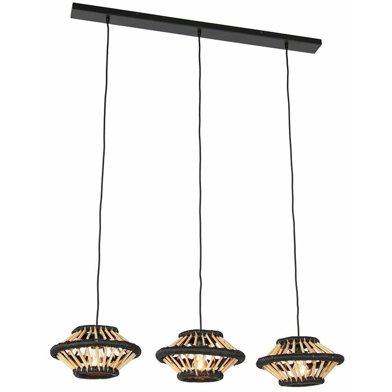 foto del prodotto qazqa lampada a sospensione tavolo soggiorno evalin orientale acciaio,bamboo nero legno tondo max. 3 x watt