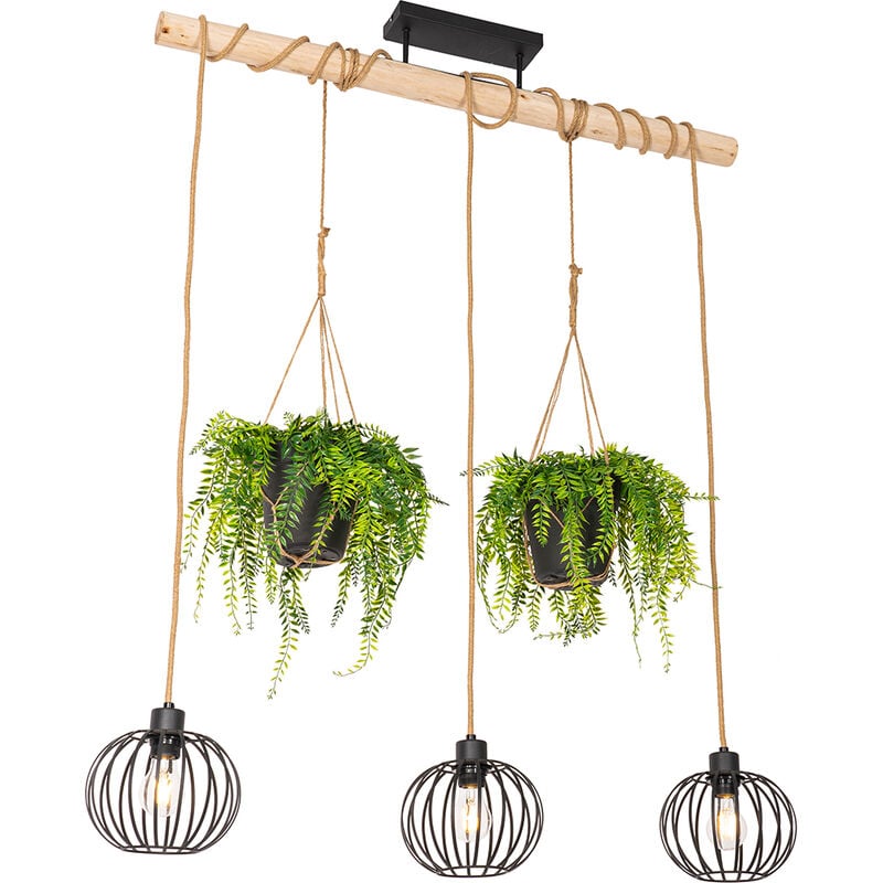 foto del prodotto qazqa lampada a sospensione tavolo soggiorno yura rustico legno,acciaio,corda legno nero oblungo max. 3 x watt