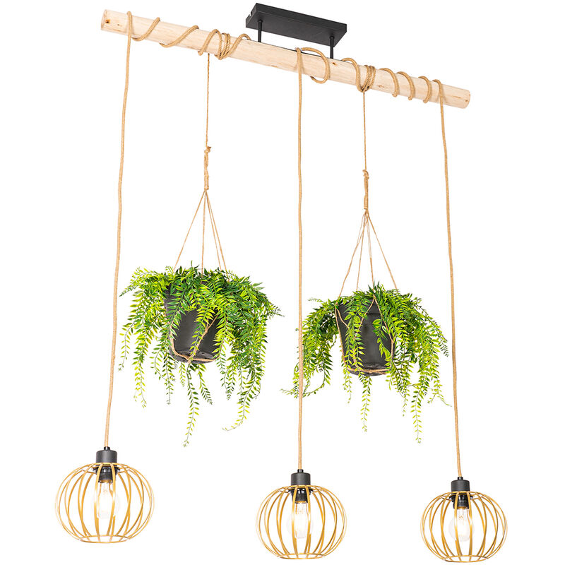 foto del prodotto qazqa lampada a sospensione tavolo soggiorno yura rustico legno,acciaio,corda nero legno oro ottone oblungo max. 3 x watt