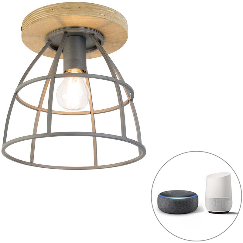 foto del prodotto qazqa lampada da soffitto arthur industriale acciaio,legno marrone grigio scuro tondo e27 max. 1 x 4.9 watt