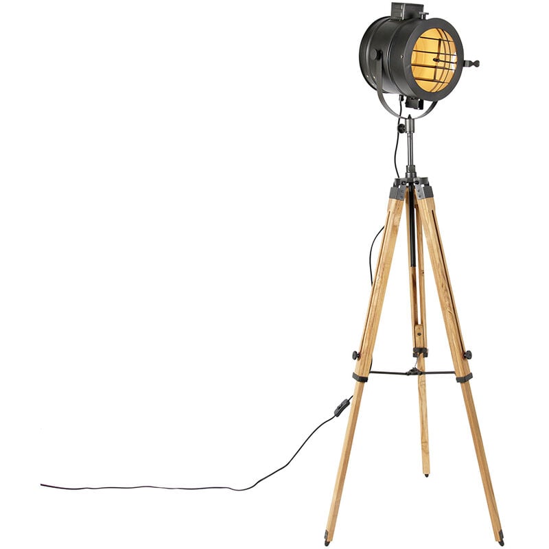 foto del prodotto qazqa lampada da tavolo tripode radient industriale legno,acciaio nero marrone oblungo max. 1 x watt