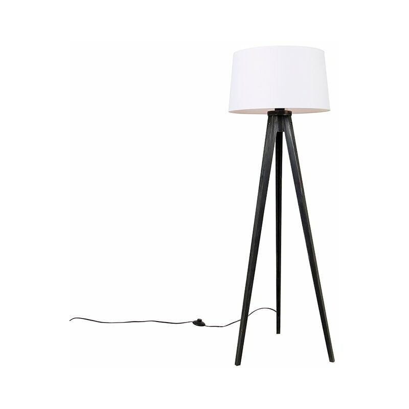 foto del prodotto qazqa lampada da terra con paralume tripodclassic classico legno,lino,tessuto bianco nero oblungo tondo max. 1 x watt