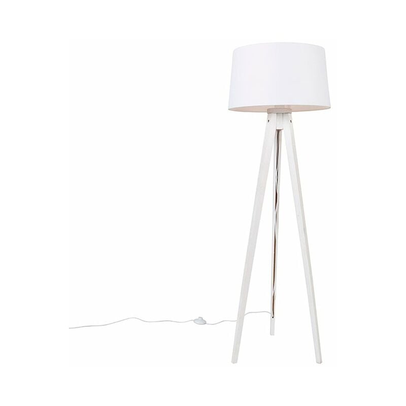 foto del prodotto qazqa lampada da terra con paralume tripodclassic classico legno,lino,tessuto bianco oblungo tondo max. 1 x watt