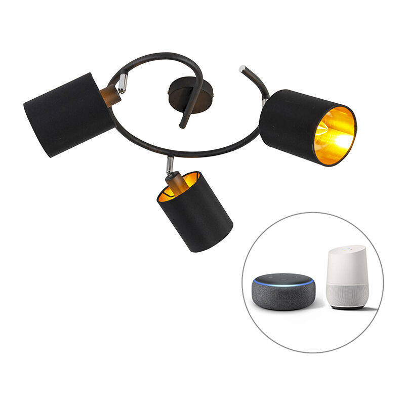 foto del prodotto qazqa plafoniera con paralume lofty moderno acciaio,tessuto nero cilindro tondo e14 max. 3 x 4.5 watt