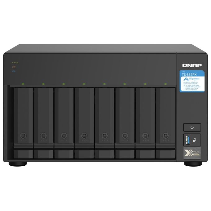 foto del prodotto qnap ts 832px 4g nas 8 hd 35 25 sata6 2p giga 2x 10gbe sfp 2px 25gbe 3p usb 3.0 4gb ddr4 sodimm cpu al324 1.7ghz qcore