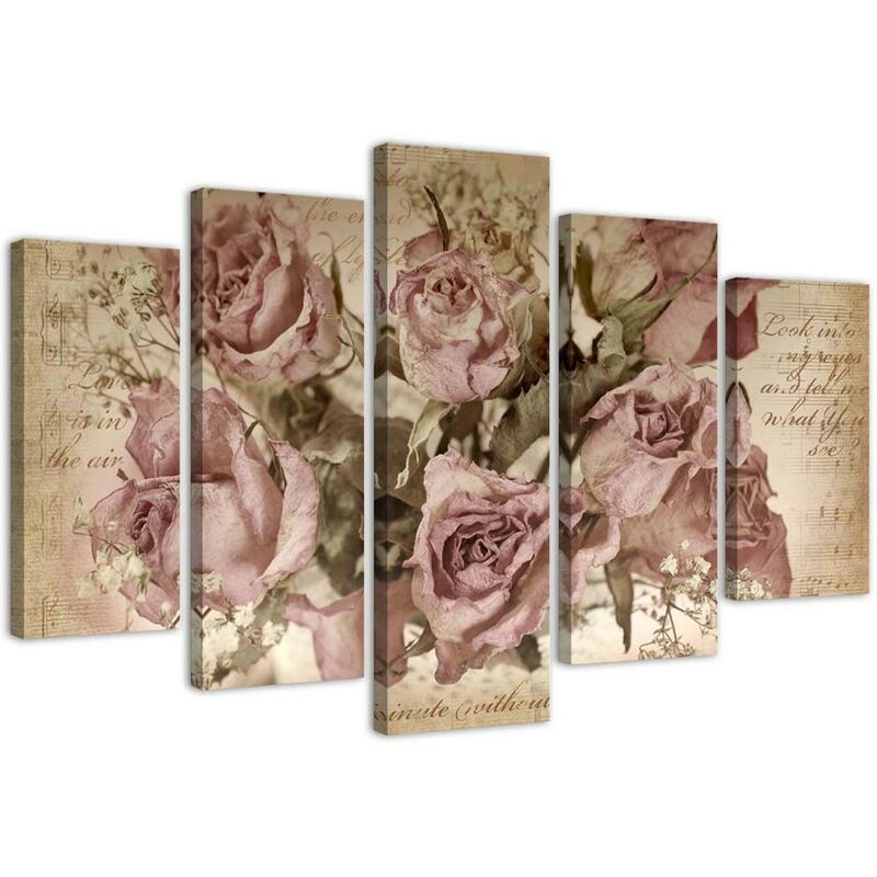 foto del prodotto quadri quadro 5 pezzi stampa su tela fiori di rose rosa 200x100