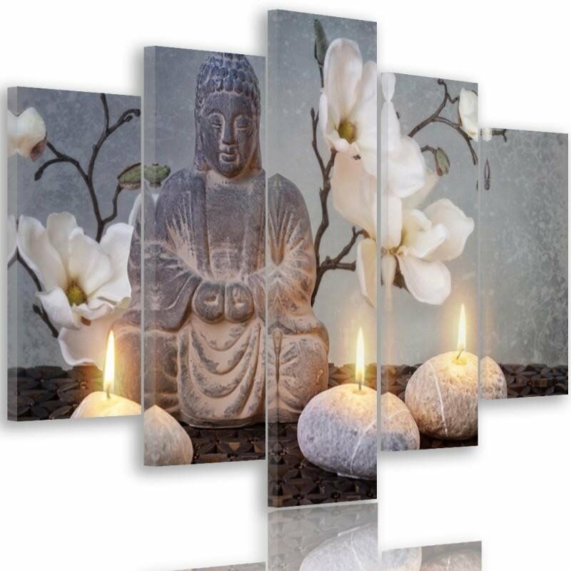 foto del prodotto quadri quadro 5 pezzi stampa su tela pietra di fiori grigi di buddha - 150x100