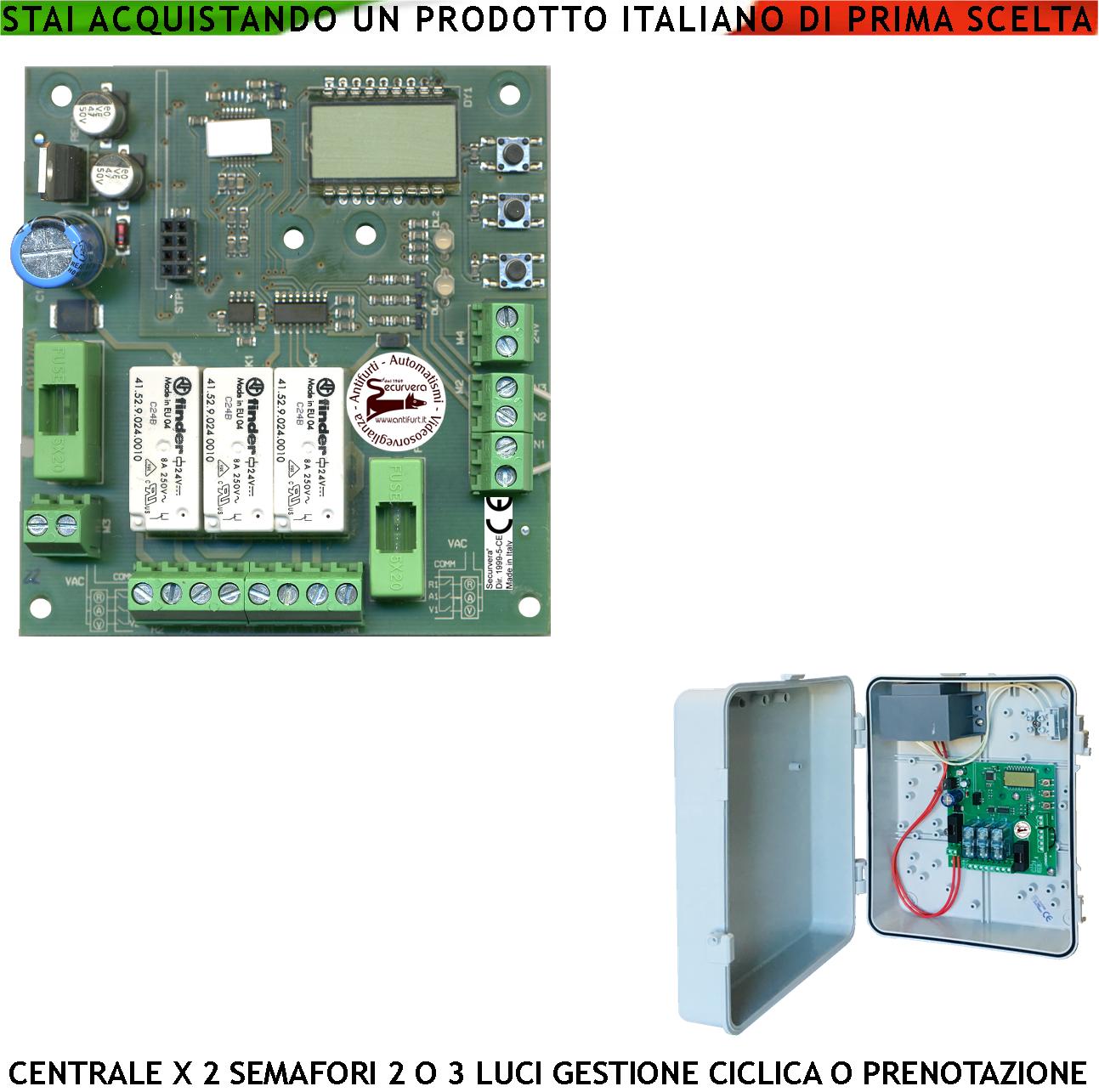 foto del prodotto quadro 230 v 50 hz per la gestione di 2 semafori 2/3 luci alimentazione periferiche 24 v funzioni automatica o prenotazione 2 ingressi sensori tempi da 3 a 240 secondi impianto semaforico rampa garage