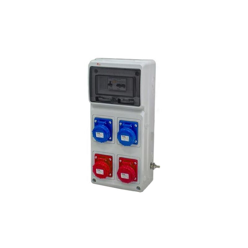foto del prodotto quadro asc fisso, 12kw 400v, ip65, 2 prese 2p t 16a e 2 prese 3p t 16a, con magnetotermico, differenziale generale e pulsante di emergenza rosi