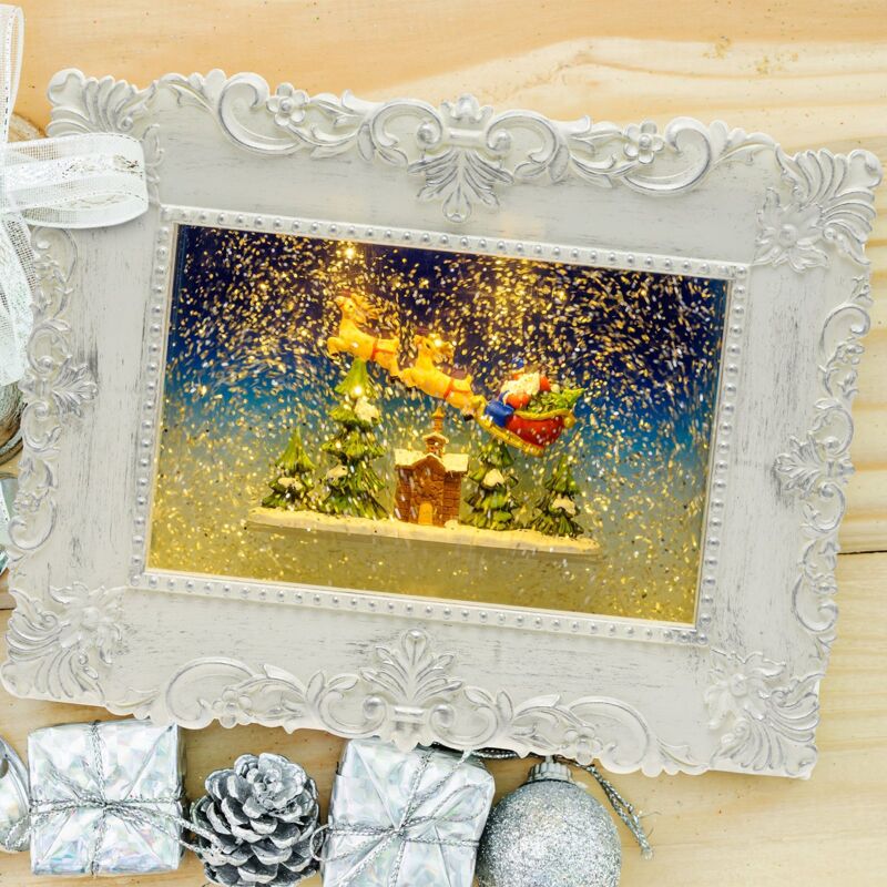 foto del prodotto quadro luminoso con babbo natale cornice bianca led a batteria decorazione natalizia