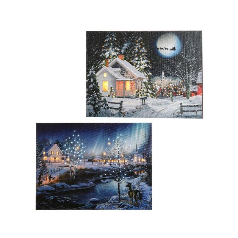 foto del prodotto quadro natalizio paesaggio innevato con led bianco caldo
