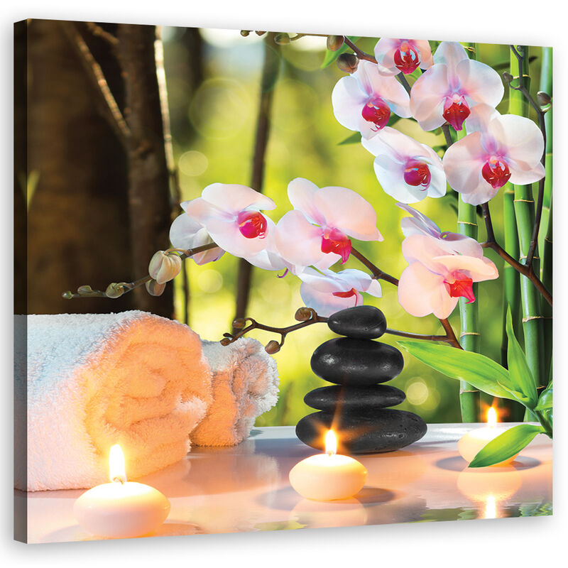 foto del prodotto quadro su tela, candele spa e fiori di orchidea 30x30