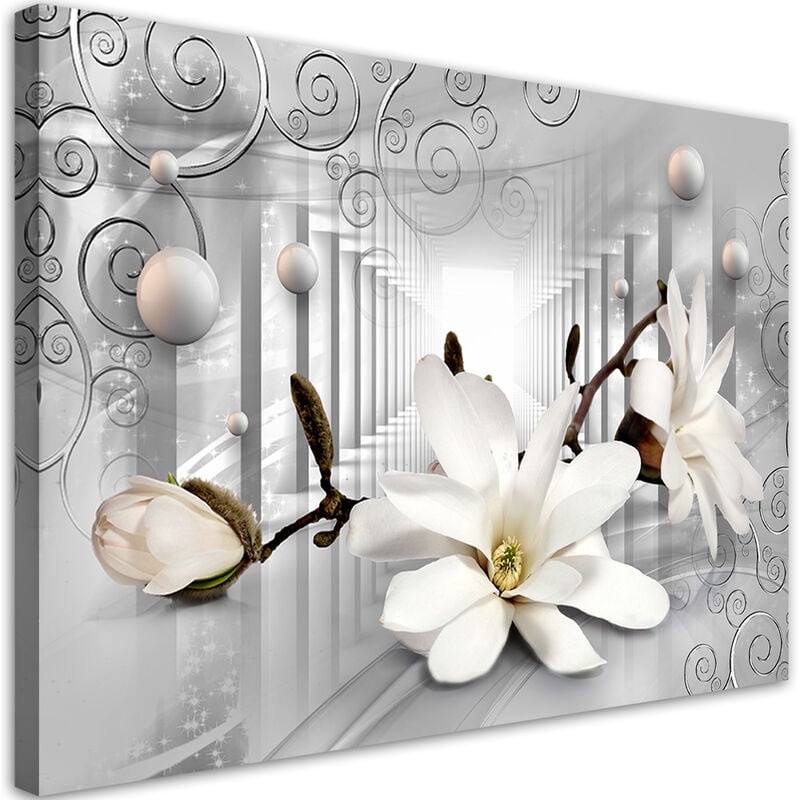 foto del prodotto quadro su tela, fiori nel tunnel e palline 3d d argento 60x40