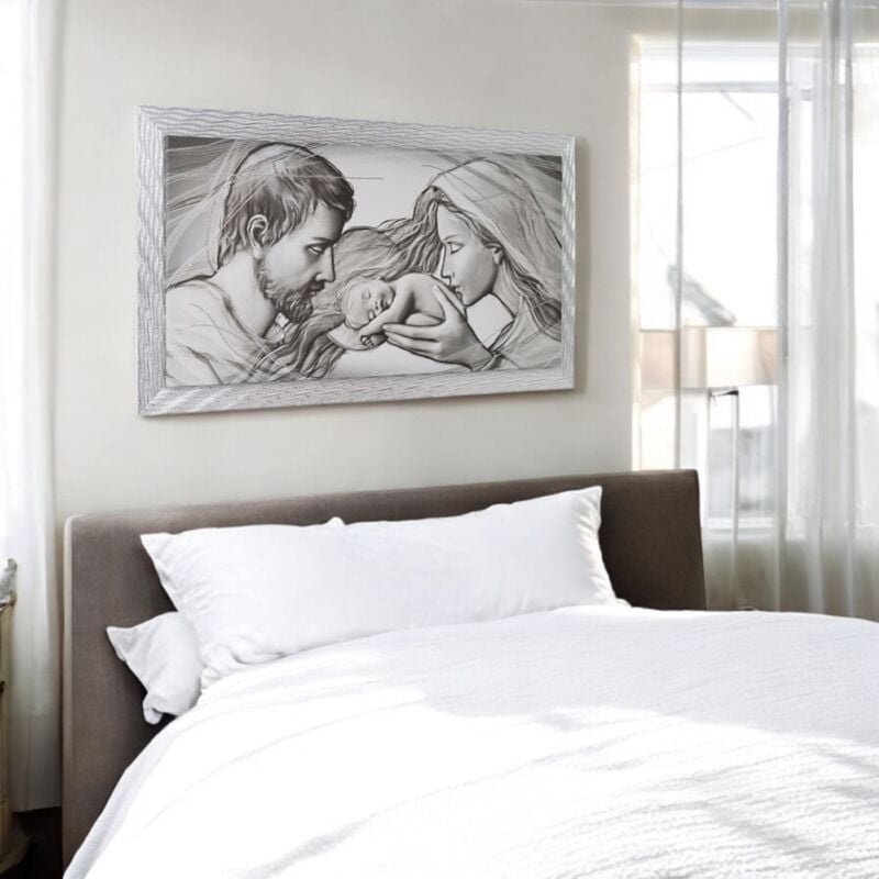 foto del prodotto quadro su tela moderno 72x132 cm tema sacra famiglia con cornice in legno decorata