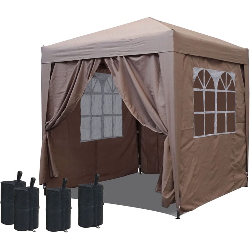 foto del prodotto quick star pop up pavillon 2,5 x 2,5 m graubeige mit 4 fu gewichten und mit 4 easy klett seitenw nden mit 2 rei verschl ssen.