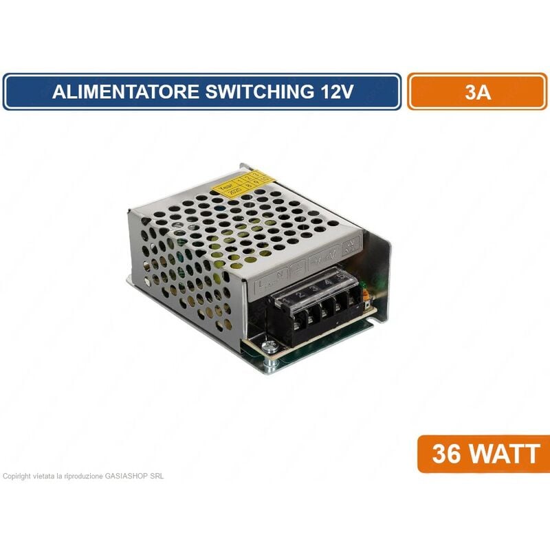 foto del prodotto r g alimentatore metallico stabilizzato switching con trimmer 220v 12v 3a 36 watt per illuminazione e sistemi di videosorveglianza cctv