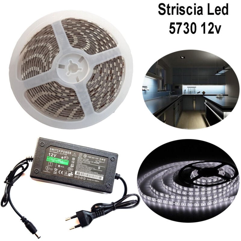 foto del prodotto r g striscia led 5730 5m adesiva luce ip65 alimentatore 12v 5a bianco freddo 12w m