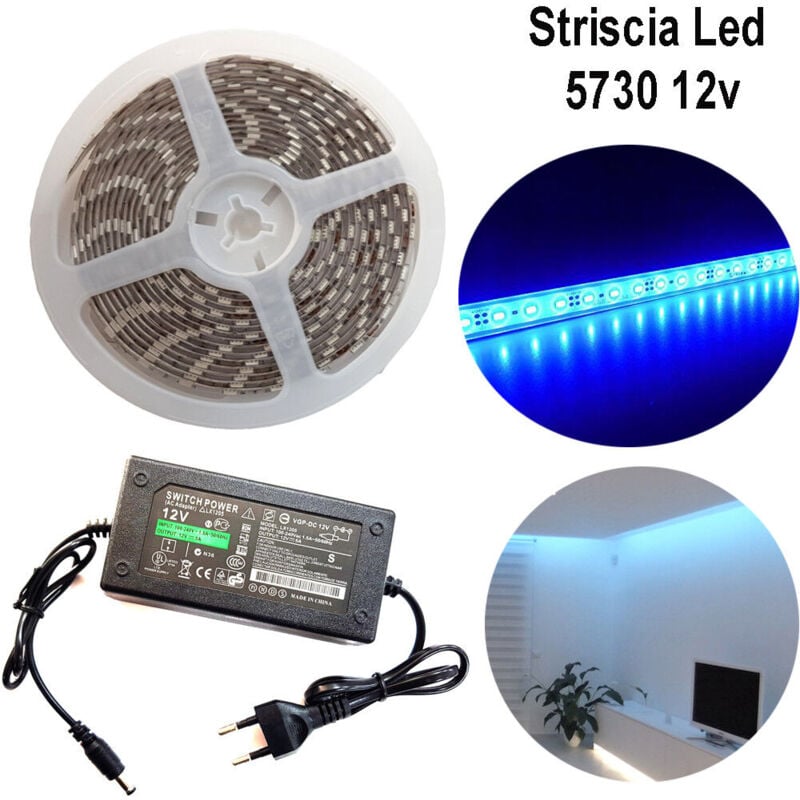 foto del prodotto r g striscia strip led 5730 5m adesiva luce ip65 alimentatore 12v 5a blu 12w m