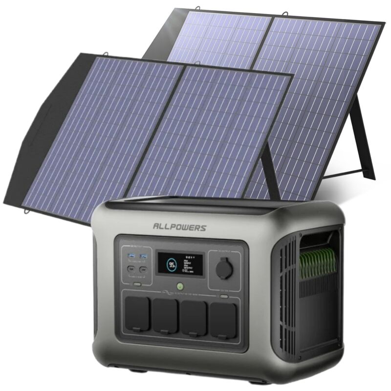 foto del prodotto r1500 lite 2025 nuovo centrale elettrica portatile con 2 x 100w pannello solare, lfp batteria da 1056wh, 4 uscite ac da 1600w 3200w picco ,