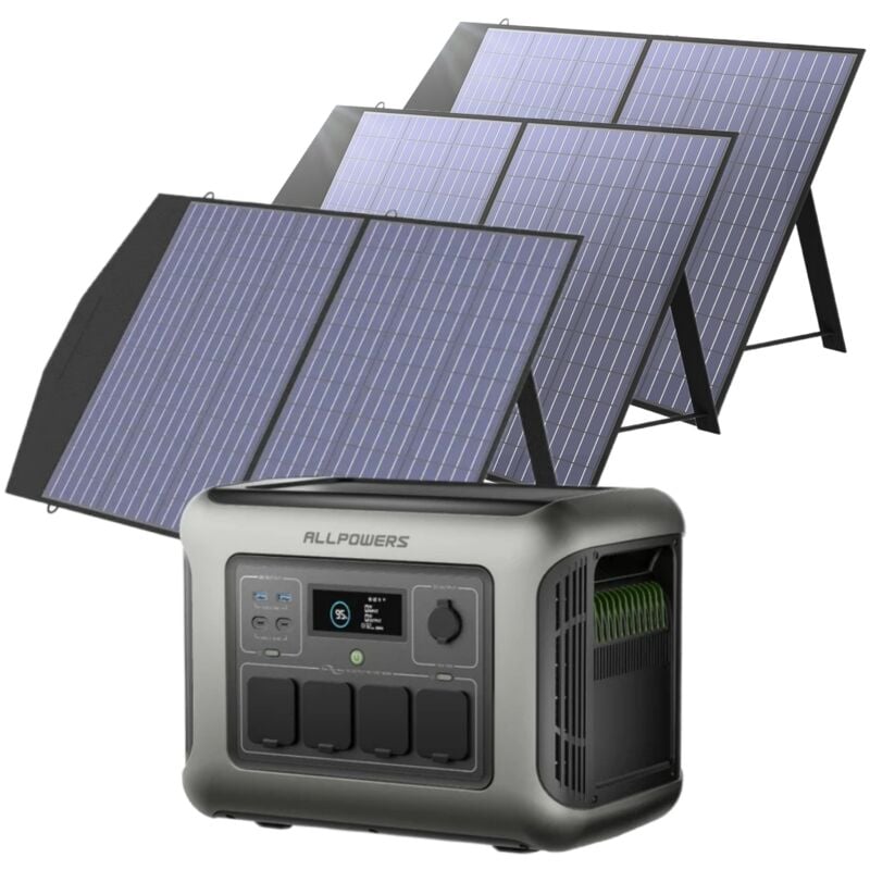 foto del prodotto r1500 lite 2025 nuovo centrale elettrica portatile con 3 x 100w pannello solare, lfp batteria da 1056wh, 4 uscite ac da 1600w 3200w picco ,
