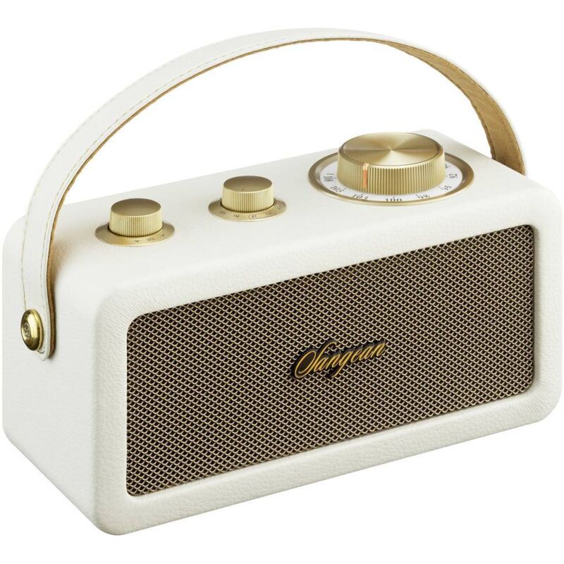 foto del prodotto ra 101 ivory gold.altoparlante portatile con design retr de di legno e pelle sintetica. bluetooth 5.0. autonomia di 19 ore con una carica completa.