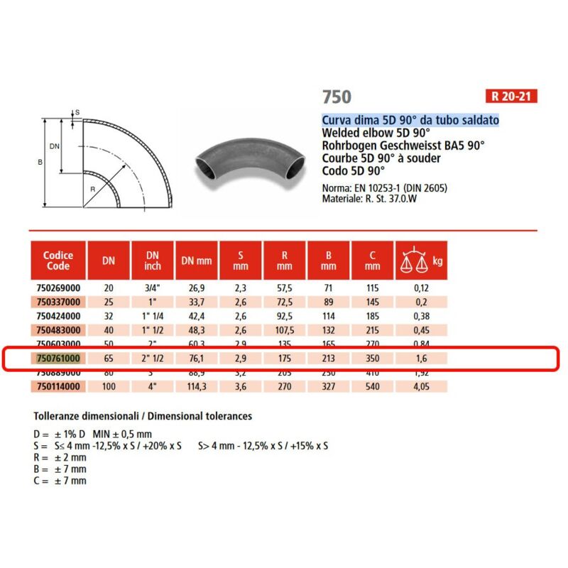 foto del prodotto raccorderie metalliche curva dima 5d 90 da tubo saldato 2 1 2 x 76,1 in acciaio a saldare 750761000