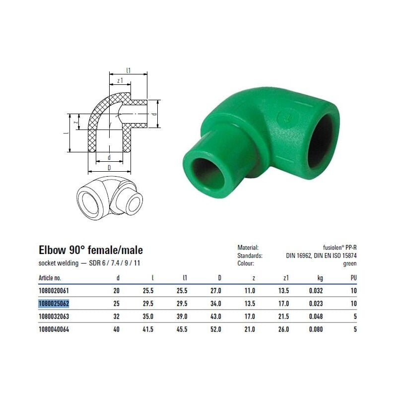 foto del prodotto raccordo a gomito 90 gradi con attacchi m f 25mm acquatherm 1080025062