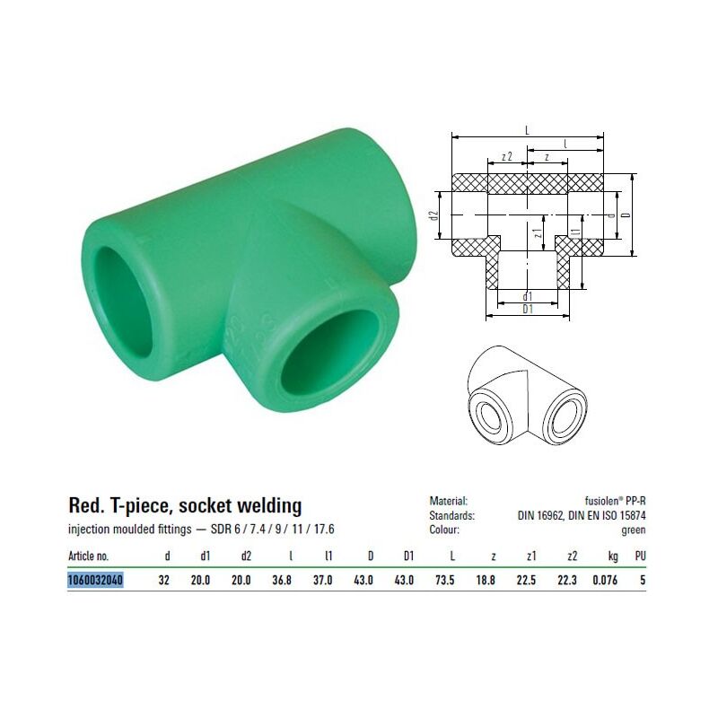 foto del prodotto raccordo a t aquatherm tee ridotto f f f 32x20x20 mm in pp r impianti termo idrosanitari 1060032040