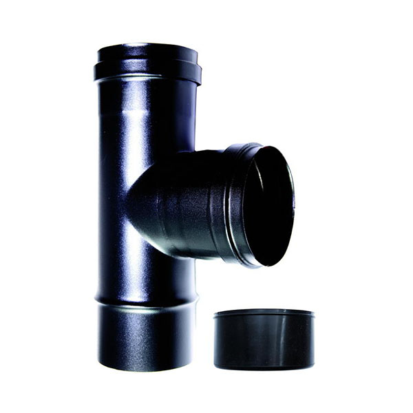 foto del prodotto raccordo caldaia a t 90 fm f dn 100 mm smaltato 600 gradi stufa pellet tubo nero ce made in italy .