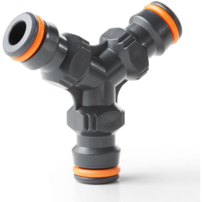 foto del prodotto raccordo connettore gf art. 5451 a 3 vie per unire linee di tubo con raccordi portagomma automatici irrigazione giardino
