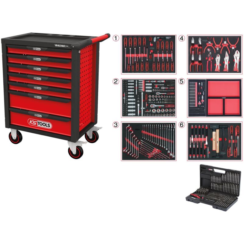 foto del prodotto racingline nero rosso carrello portautensili con 7 cassetti e 598 utensili premium