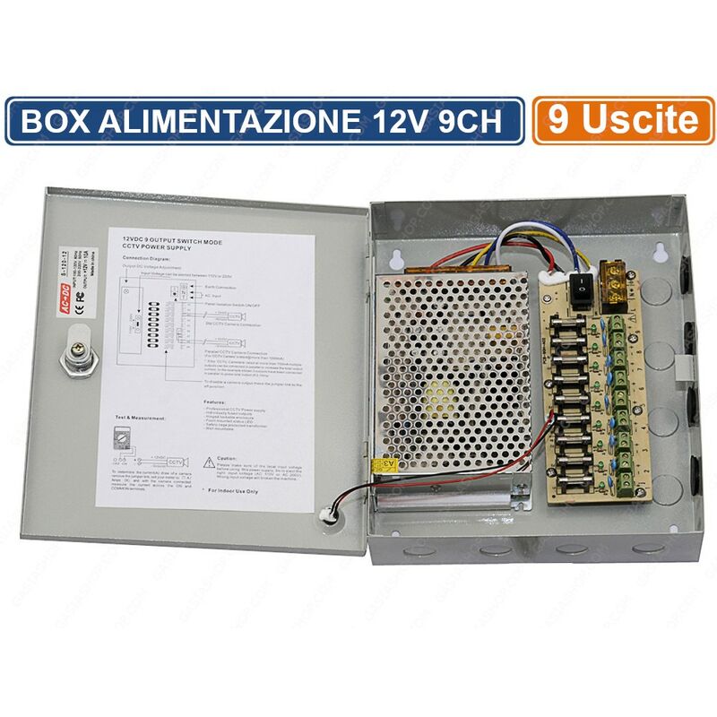 foto del prodotto rack box metallico alimentatore stabilizzato a commutazione 9 uscite dc12v cctv
