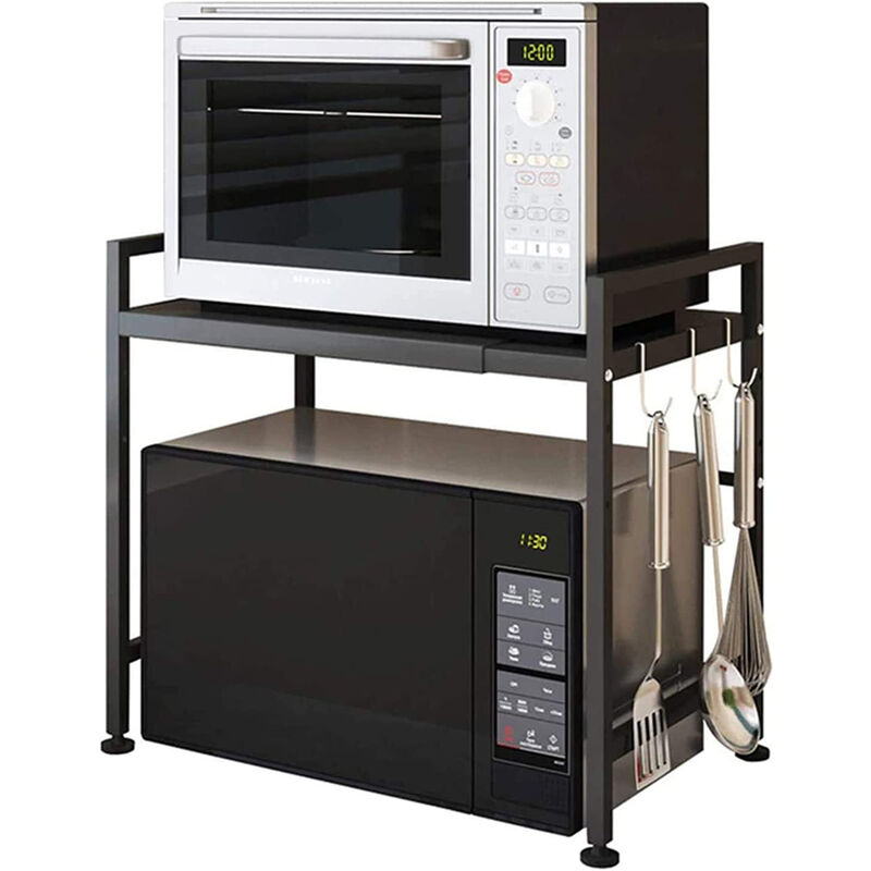 foto del prodotto rack di stoccaggio per forno a microonde, rack di stoccaggio, rack per forno a microonde espandibile in acciaio al carbonio con ganci, rack per