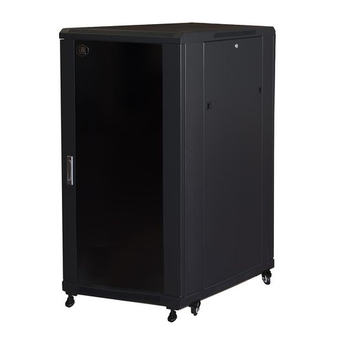 foto del prodotto rack link 19 armadio 22 unita a 1166x l 600x p 800mm colore nero porta vetro incl. piedini regolabili in altezza e ruote