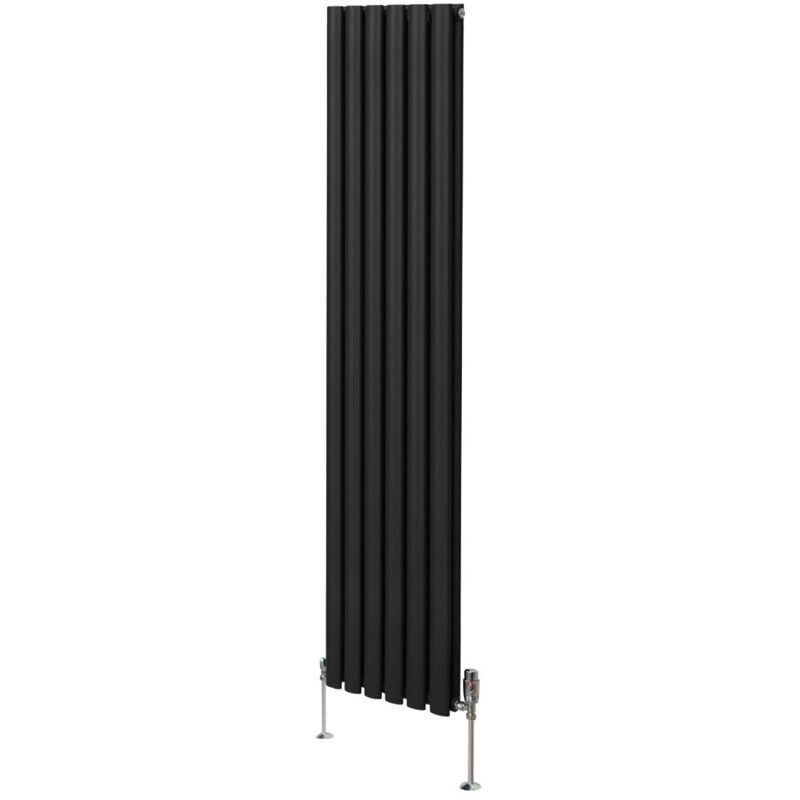 foto del prodotto radiatore a colonna ovale 1800mm x 360mm e valvole cromate trv designer doppio pannello termosifone nero acciaio orizzontale inclusi spazzola per la