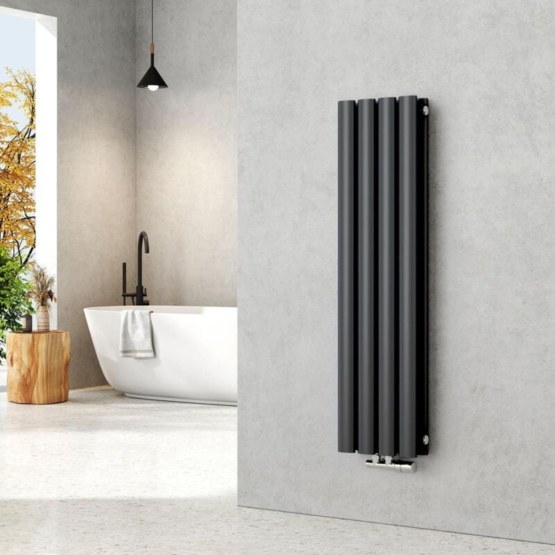 foto del prodotto radiatore piccolo 900 x 240 mm, ovale a pannello, attacco centrale, verticale, design, radiatore tubolare, doppio strato, antracite, 373 watt emke
