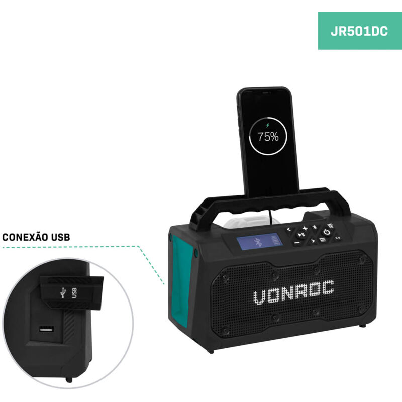 foto del prodotto radio da cantiere 20v fm, bluetooth usb. altoparlanti bass reflex. batteria e caricatore esclusi vonroc
