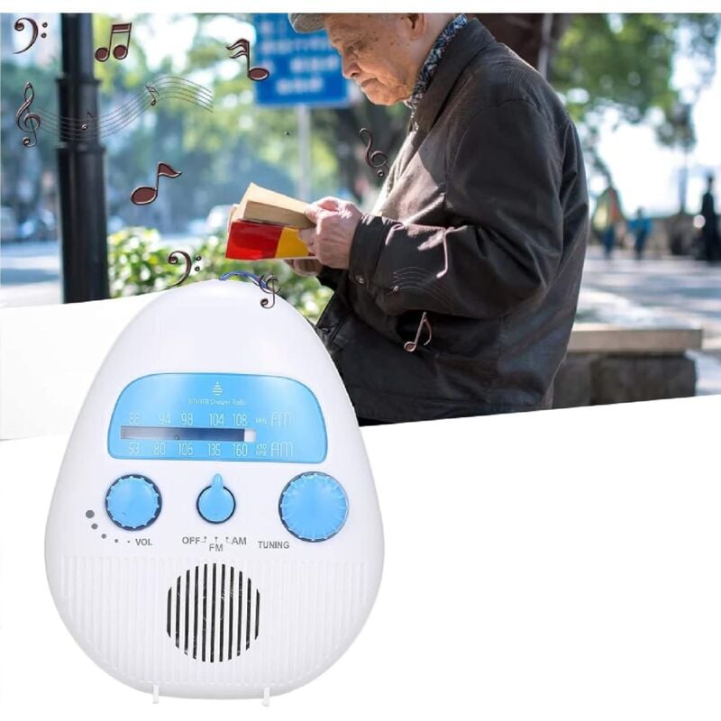 foto del prodotto radio da doccia, radio da doccia portatile am fm con gancio, altoparlante audio impermeabile, radio da doccia, volume regolabile, batteria per
