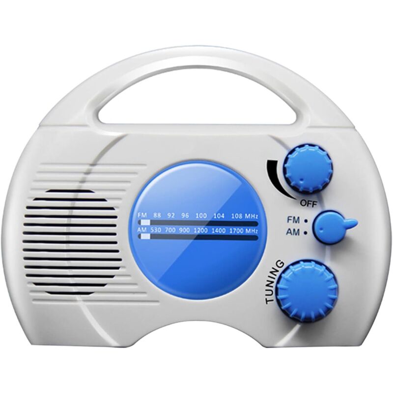 foto del prodotto radio da doccia, radio portatile am fm da doccia, radio da doccia impermeabile sospesa, altoparlante incorporato, volume regolabile, batteria, radio