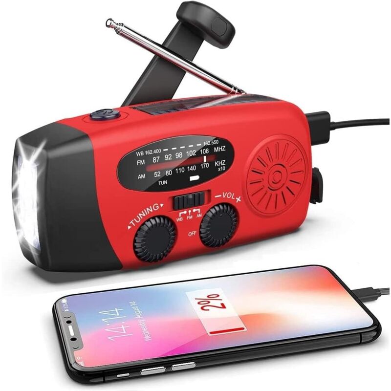 foto del prodotto radio di emergenza a manovella, radio meteorologica solare con torcia a led wb am fm, 2000 mah, ricarica usb, adatta per uso esterno