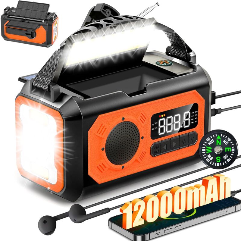 foto del prodotto radio di emergenza portatile da 12000 mah, radio a manovella, radio solare con 2 pannelli solari, radio am fm con jack per cuffie per campeggio