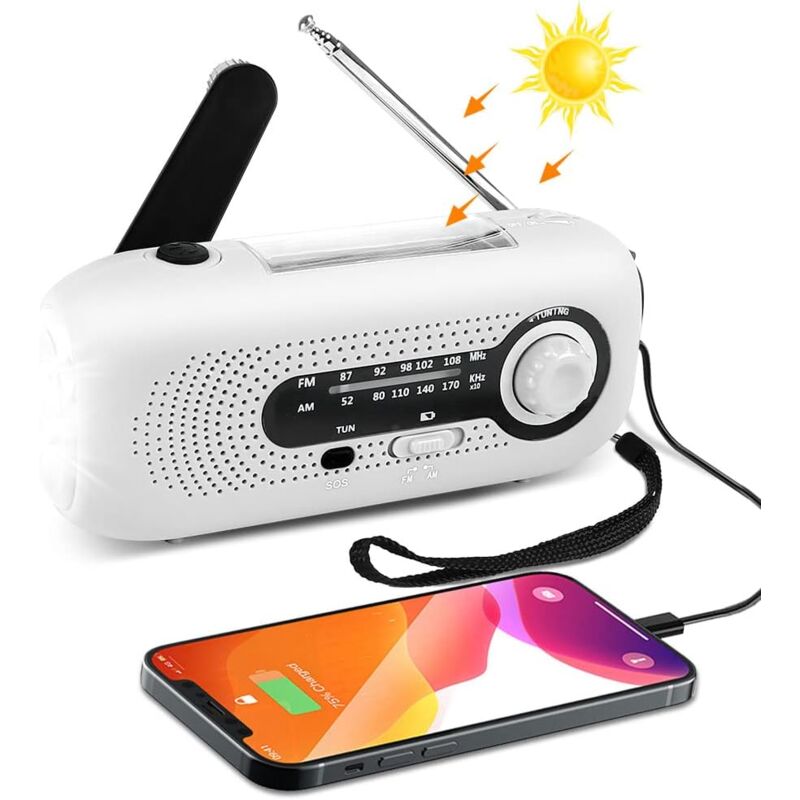 foto del prodotto radio di emergenza portatile ricaricabile a manovella solare 2000mah, torcia a led, dinamo a manovella per campeggio, sopravvivenza, viaggio,