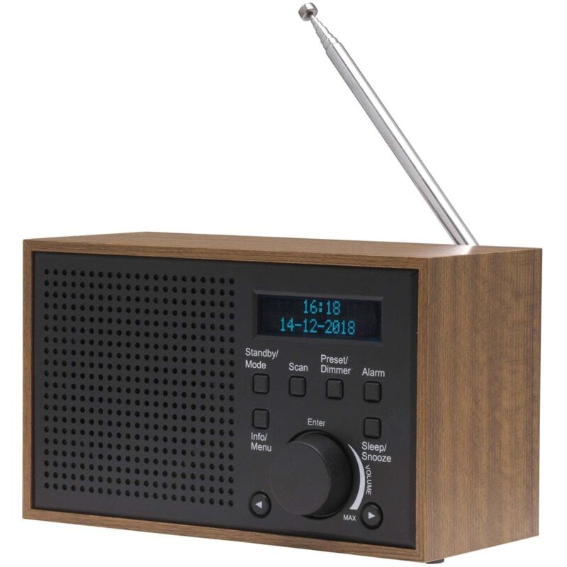 foto del prodotto radio digitale dab e fm. denver dab 46 grigio scuro. orologio, sveglia e allarme. funziona sia con la batteria che con la corrente. uscita audio 2w.