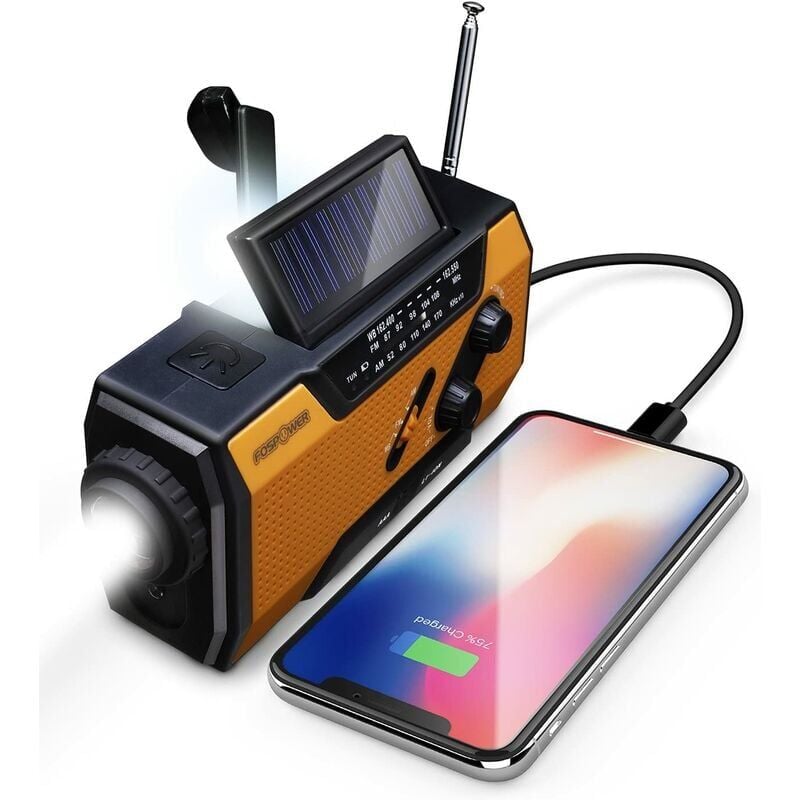 foto del prodotto radio meteorologica di emergenza da 2000 mah modello a1 caricabatterie portatile a energia solare manovella batteria con am fm, torcia a led,