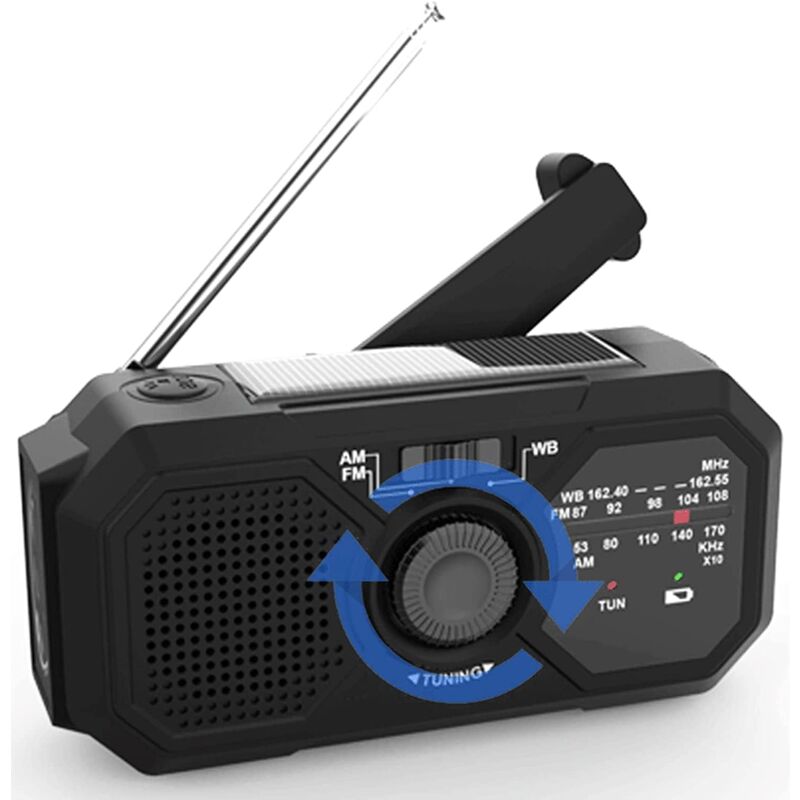foto del prodotto radio meteorologica solare a batteria, torcia con caricabatteria per cellulare, radio portatile con allarme meteo, power bank di emergenza da 3500